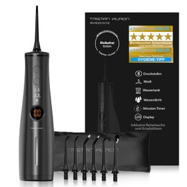 Tristan Auron Oral Irrigator - 6 Replacement Nozzles and Travel Bag, 5 Modes, 8 Pressure Levels Including Shoot Mode, 300 ml Tank, LCD Display, USB-C Quick Charge, IPX7 - ProJet Water Flosser