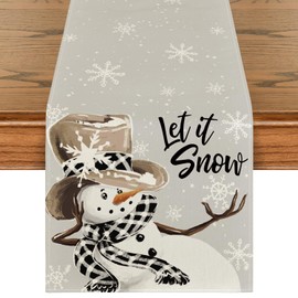 Artoid Mode Snowman Buffalo Plaid Scarf Let It Snow Christmas Table Runner, Kitchen Table Decoration, Indoor, Holiday, Party Decor, 40 x 180 cm