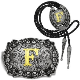 Yjfeshion 2 Pieces Western Cowboy Belt Buckle Bolo Tie Set Golden Initial Letter ABCJ to Z Rodeo Belt Buckles for Women Men F