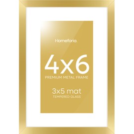 Homeforia 4x6 Picture Frame Gold, High End Metal 4x6 Picture Frames for Wall or Tabletop, Gold Photo Frames 4 x 6 with 3x5 Mat, Tempered Glass, Wall Hook Included, Set of 1