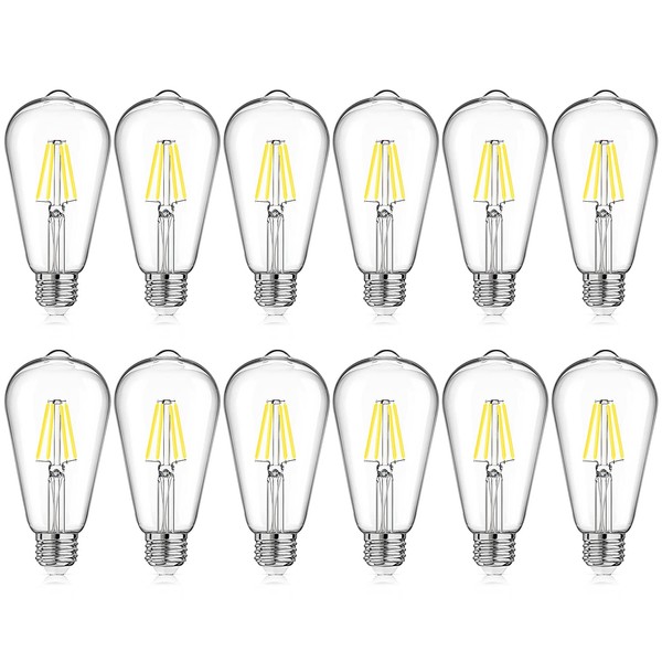 MAXvolador LED Edison Bulb Dimmable, Daylight White 5000K, 40W Equivalent, 4W Vintage ST64 LED Filament Light Bulbs, E26 Medium Base, Pack of 12