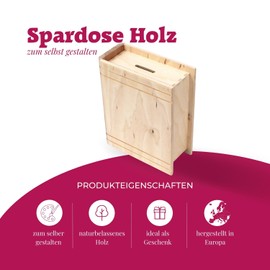 Large Wooden Money Box - Blank without Print - Ideal for Creatives for Crafts, Labelling, Painting, Engraving - Size 14.5 x 17.5 x 6.5 cm - Lock with Key on the Bottom