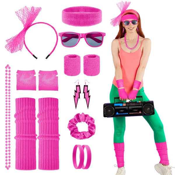 Partideal 17 Pcs 80s Fancy Dress Accessories for Women, 1980s Fancy Party Costume Set, Leg Warmers Fishnet Gloves Bead Necklace Bracelets Wristband Headband Scrunchies Earrings Sunglasses(Pink)