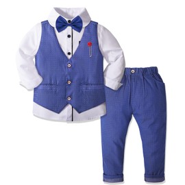 Nwada Boys Suit Set Formal Dress Shirt Bow Tie Slim Vest and Pants Toddler Boy Clothes Suits Blue