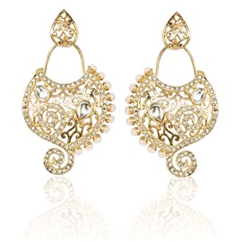 Touchstone Alloy Rhinestone Kundan Look Faux Pearls Pretty Cut Work Designer Bali Earrings in Antique Gold Tone for Women