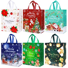 AUERVO 6PCS Christmas Bags Large with Handle Reusable Non-woven Xmas Bag for Gifts Wrapping Shopping Xmas Event Party