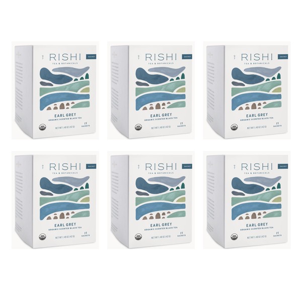 Rishi Tea Earl Grey Tea - USDA Organic Direct Trade Sachet Tea Bags, Certified Kosher Pure Black Tea with Bergamot Oil, Energizing & Caffeinated - 15 Count (Pack of 6)