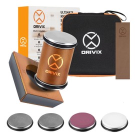 Orivix Rolling Knife Sharpener Kit – Leather Strop, Precision Honing System with 4 Grinding Discs 6000/3000 Ceramic & 1000/400 Diamond Magnetic 4-Angle Base, and a 9.8 cm Longer Wooden Roller