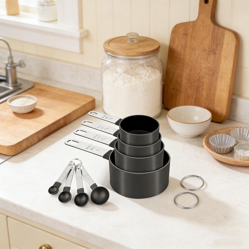 FONYA 8-Piece Black Measuring Tools - Nylon, 4 Measuring Cups