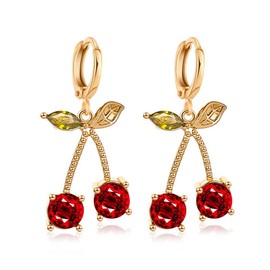 Pingyongchang Unique Chic Charm Sparkly Red Crystals Cherry Statement Earrings Necklace Sets Green Leaf Red Rhinestones Fruit Cherry Dangle Earrings for Women Jewelry Gifts-Jewelry Set
