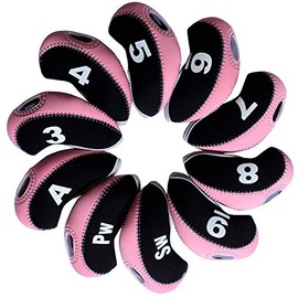FLTRAD 10Pcs Golf Clubs Iron Head Covers 3-9 A/SW/PW Elastic Reused Neoprene Material with Number Tag Protect Case For Irons Black & Pink