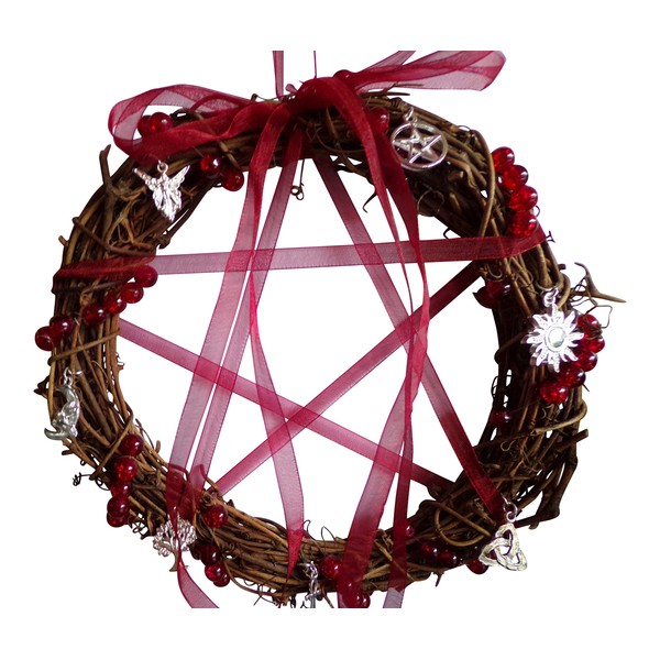 20cm Pagan All Year round Wreath with 7 pagan charms and Red glass beads