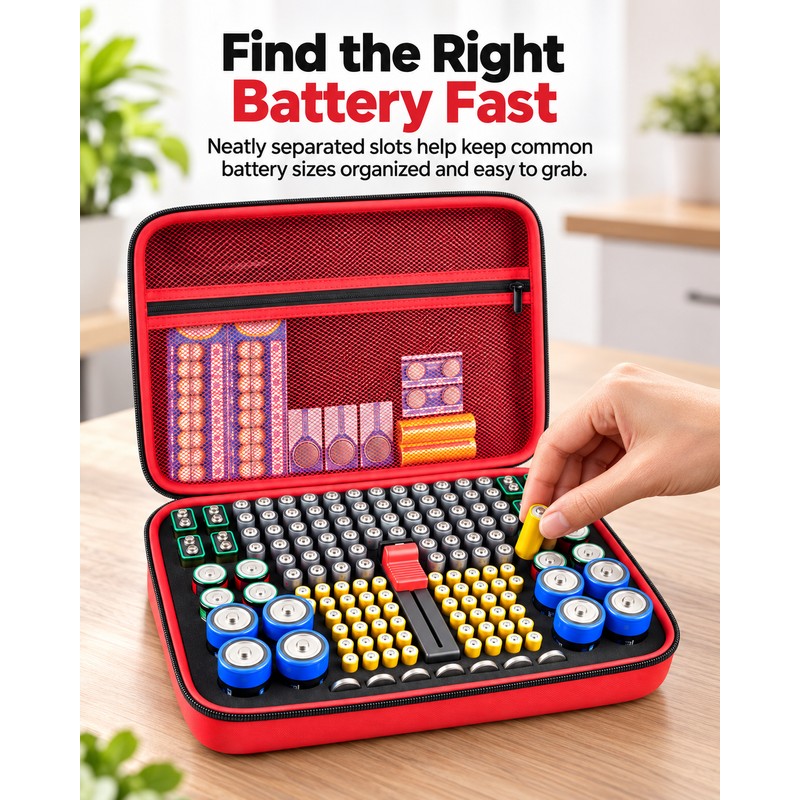 Battery Organizer Case with Tester for Home Storage – Hard-Shell