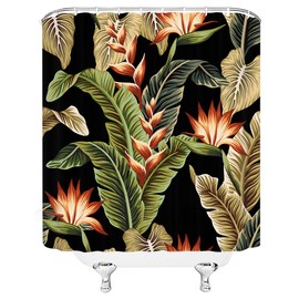 Tropical Shower Curtain Green Banana Leaf Floral Black Backdrop Exotic Vintage Jungle Plant Red Strelitzia Green Fabric Bath Curtains Bathroom Polyester with Plastic Hooks 70x70Inch