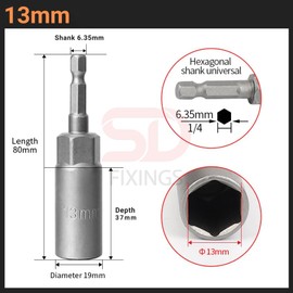 6-19mm Quick-Change 1/4 inch Hex Shank Metric Deep Socket Screwdriver Impact Nut Setter Extractor Remover Driver Drill Bit, 80mm Length, for Electric Manual Impact Screwdriver (2, 13mm)