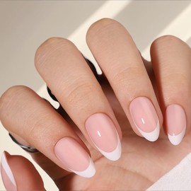 French Tip Press On Nails Almond (Soft French) Medium Length Reusable Stick On Nails with Glue in 15 Sizes – 32 Soft Gel Fake Nails Kit