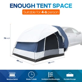 SUV Tent for Camping 8' W x 8' L x 6.6' H, Fit for 4-6 Person Capacity Universal Car Rear Tent PU2000 Waterproof Car Tent for Outdoor Travel Camping, Includes Rainfly and Storage Bag