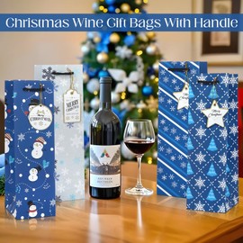 Liobelon 12 Pieces Christmas Wine Gift Bags with Tags, Winter Wine Bottle Gift Bags Blue Snowman Christmas Tree Snowflake Wine Bag Paper Champagne Gift Bag for Xmas Holiday Home Party Favor Decoration