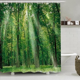 Simpomsy Green Forest Shower Curtain, Green Jungle Tall Trees Sunshine Shower Curtains, Nature Landscape 3D Scenery Bathroom Curtains, Waterproof Fabric Bathroom Decor Set with Hooks 180x180cm