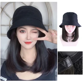 Airimori Women's Hat Wig, Neck Wig, Hat with Hair, Bucket Hat, Face Smaller, Wig, Semi-Long, Half Wig, Straight, Hat with Hair, Removable, Black Brown