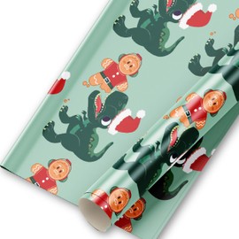 Dinosaur Christmas Wrapping Paper Roll 30" X 10' Tear Resistant Large Rolls of Christmas Wrapping Paper - Fun Christmas Wrapping Paper Gingerbread & Dinosaur - Holiday Wrapping Paper for Kids & Adults