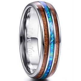 VAKKI Mens Tungsten Carbide Rings with Hawaiian Koa Wood Inlay Women 6mm Blue Opal Paper Inlay Wedding Engagement Bands Size Z+2