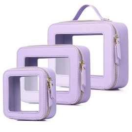 Pinkmik Clear Makeup Bag Waterproof Travel Case for Cosmetics and Toiletries Women's Purse Organizer and Clear Car Bag with Zipper (X/Purple, L+M+MINI)