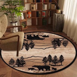 Soyalie Retro Cabin House Bear Rustic Round Rug for Entrance Kitchen Vintage Desert Print Carpet Dining Room Decor Animals Style Rugs 3ft
