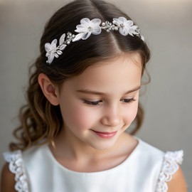 Oriamour Flower Girl Headpiece Ivory Tulle Flowers Wedding Headband for Girls, Princess Pearl Hair Accessories for Birthday Party, First Communion Flower Leaves Design