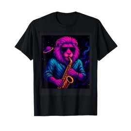 Lion Playing Saxophone Outer Space Vaporwave Jazz Galaxy T-Shirt