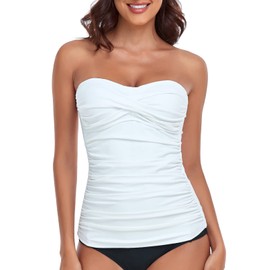 RELLECIGA Women's White Ruched Bandeau Tankini Top Swimsuits Size X-Large