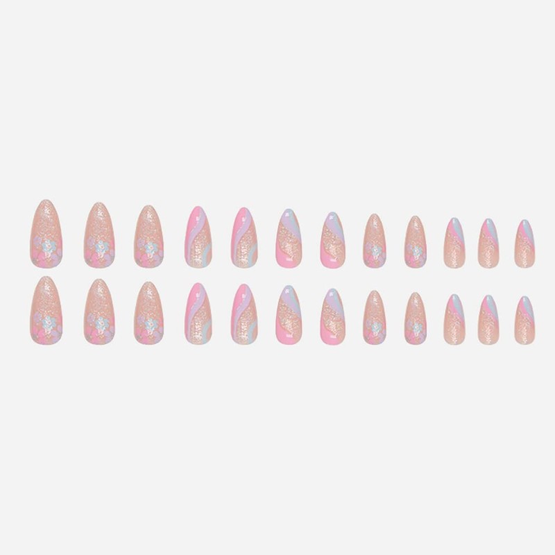 RikView Pink Press on Nails Medium Fake Nails with Flowers
