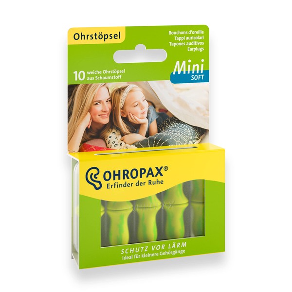 Ohropax mini soft earplugs, anatomically shaped in-ear plugs, for the small ear canal and for children, made of foam, for relaxing, sleeping and listening to music, pack of 10