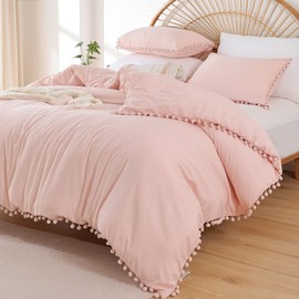 YIRDDEO King Size Comforter Set - King Size Comforter with Ball Pom Fringe, Soft King Bedding Set for All Seasons - 3 Pieces, 1 Comforter (104"x90"inches) & 2 Pillow Shams(20"x36"), Blush