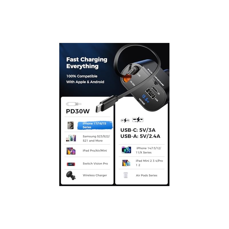 SUPERONE Retractable 4-in-1 Car Charger with Fast Charging
