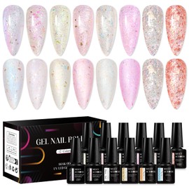 MEET ACROSS 12 Pcs Gold Foil Gel Nail Polish Set, 8 Colors Glitter Light Pink Yellow Purple Gel Polish with Base Top Gel Nail Dehydrator and Primer Soak Off Manicure DIY Home Kit for Women
