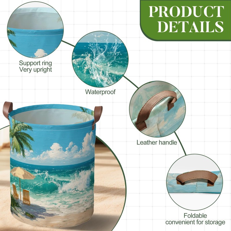 Beach Scenes Laundry Hamper, Oxford Cloth Boys Room Basket, 15.75x19.7in