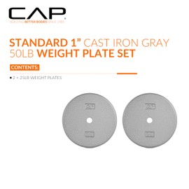 CAP Barbell Cast Iron Standard 1-Inch Weight Plate Set – Barbell Weights for Home Gym, Strength Training, and Weightlifting, 25 lb Set of 2, Gray