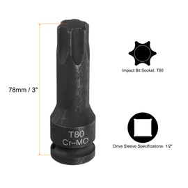 sourcing map T80 Torx Bit Socket 1/2" Drive 6 Point Torx Star Screwdriver Socket Adapter CR-MO Steel Lengthen Impact Bit Sockets for Electric Ratchet Wrenches Fastening Screws
