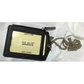 PAUL.W. NEW LEATHER ID BADGE HOLDER BLACK ZIPPERED LANYARD WITH NECK CHAIN 3 CARDS SLOT