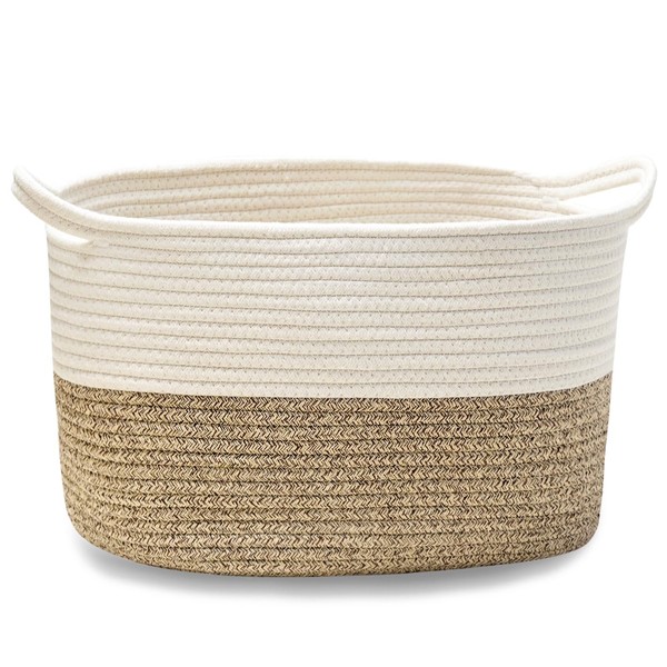 JIA QAQ Square Cotton Rope Samll Baskets With Handles for Nursery, Toys, Household, Nursery, Handcrafted Woven Gift Baskets for Storage and Organization,13.5x11x9.5inch (white-champagne)