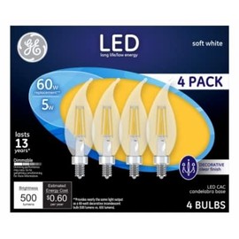 GE Lighting 93129333 Decorative LED Light Bulbs, Soft White, CAC, Clear, Dimmable, 500 Lumens, 5-Watts, 4-P - Quantity 1