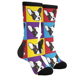 Sigouyinei Cartoon Boston Terriers French Bulldog Face Dog Head Vintage Casual Funny Funky Novelty Socks For Men Women