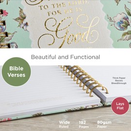 Christian Art Gifts Journal W/Scripture Floral Give Thanks Psalm 107:1 Bible Verse Cream Mint 192 Ruled Pages, Large Hardcover Notebook, Wire Bound