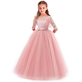 REXREII Flower Girls 3/4 Sleeves Lace Tulle Dresses Jr. Bridesmaid Wedding Party Birthday Pageant Communion Dance Ball Gown Pink 11-12T