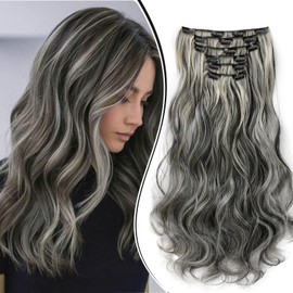 Dcbaboo Clip-In Hair Extensions, Wavy Clip-In Hairpiece, Wavy, 6 Pieces, 55 cm, Synthetic Hair Extensions with Clips, Curly Curls, Long Hair Extensions for Women, Black & Bleach Blonde