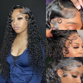 ACQUET 13x4 Deep Wave Lace Front Wigs Human Hair 13x4 HD Lace Front Wigs Lace Deep Curly Human Hair Wig For Women 180% Density Glueless Wigs Human Hair Pre Plucked For Beginners (22 Inch)