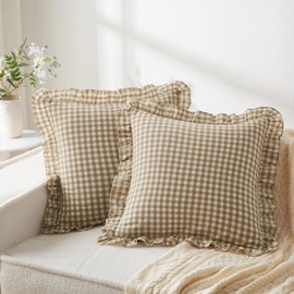 KKJIAF Ruffle Gingham Pillow Covers 26 x 26 Inches, Cotton Plaid Throw Pillow Shams Set of 2, Ruffled Plaid Pillow Cases with Envelope Closure for Sofa Bed (Taupe/White Plaid)