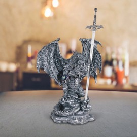 16"H Medieval Dragon with Sword Statue Figurine Ornament Home Decor Unique Gift