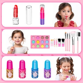 Hollyhi 58 Pieces Really Children's Make-Up Set, Safe Washable Make-Up Case, Girls Make-Up Toy, Birthday, Christmas, Children's Make Up Set, Girls Gifts 3, 4, 5, 6, 7, 8, 9, 10, 11, 12 Years (Pink)